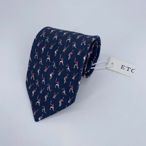 Eton Tie Mens One Size Navy Cricket Print Silk Classic Luxury Necktie Italy Made
